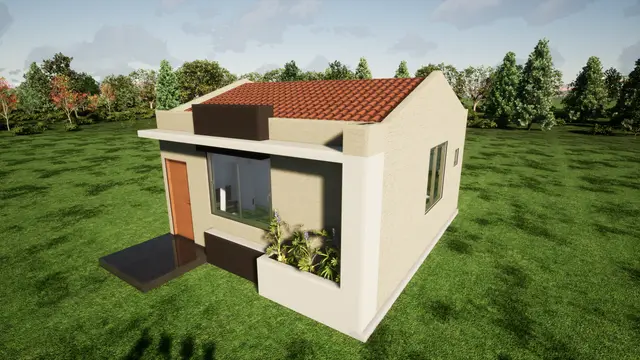 Render de una casa de una planta con techo de teja, fachada beige, ventanal frontal y jardinera