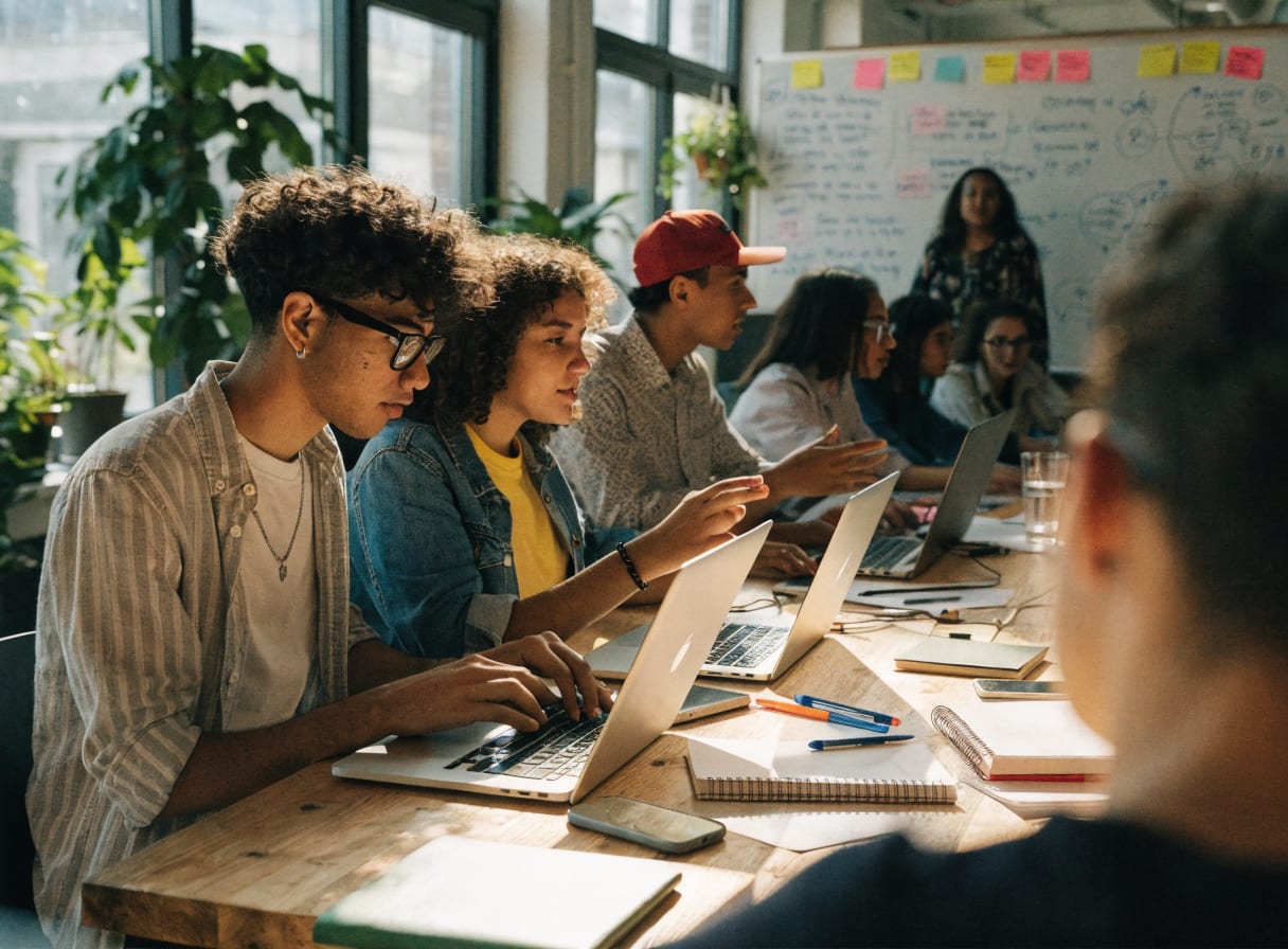 Estudiantes en el co-working de UNEI
